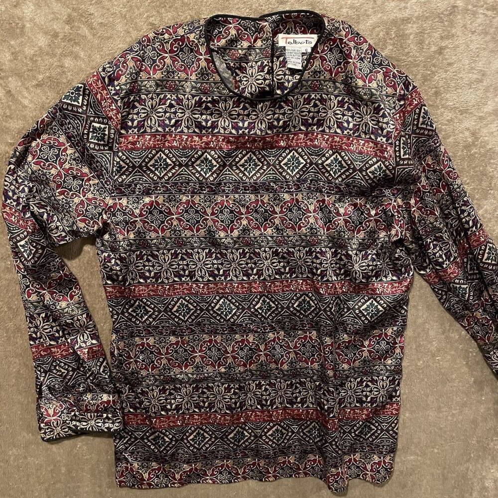 Vintage Talbots‎ Top Sz 6 Pure Silk Floral Boho Rope Neck Red Gold Green Blouse